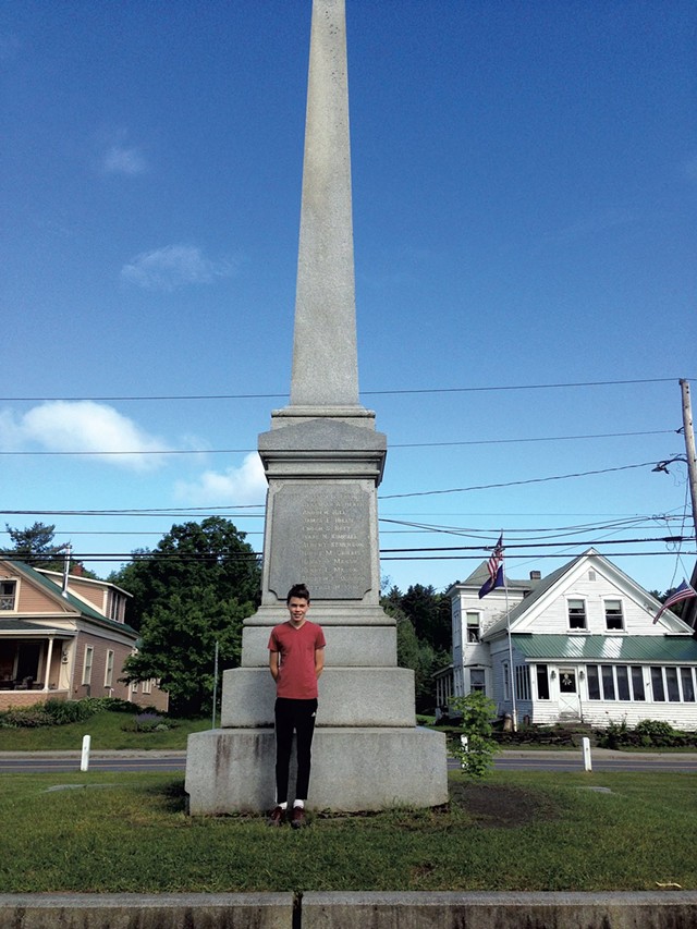 Alan Moody in front of a monument honoring soldiers from Cabot who died in the Civil War