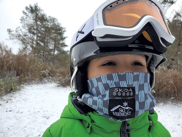 5-year-old Ronin White of Jericho masks up for a day of skiing - ADAM WHITE
