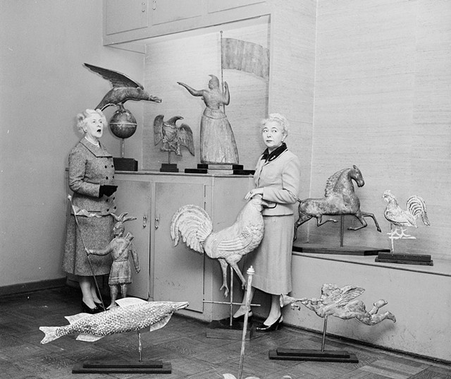 Left: Electra Havemeyer Webb and Edith Halpert with weather vanes, 1955 - COURTESY