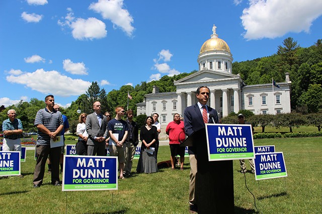 Matt Dunne holds a press conference in June at the Vermont Statehouse - PAUL HEINTZ