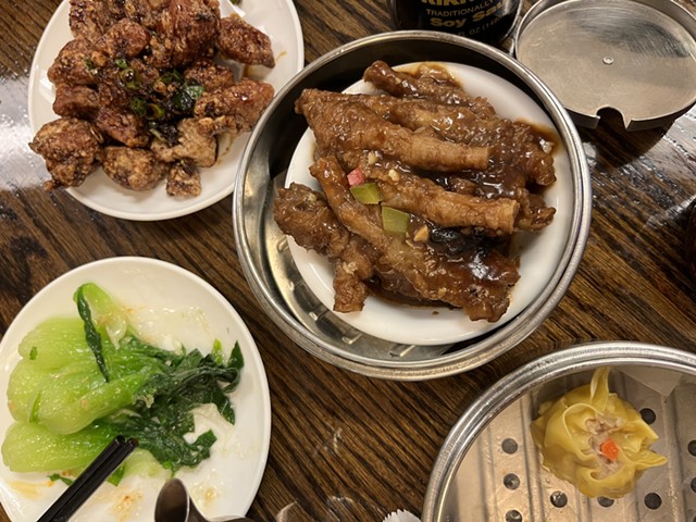 Dim sum dishes at Café Dim Sum (from top left, clockwise): spareribs, chicken feet, shu mai and bok choy. - JORDAN BARRY ©️ SEVEN DAYS