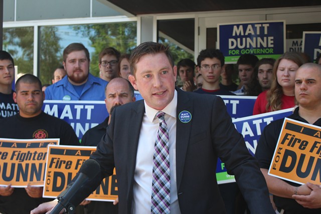 Dunne campaign manager Nick Charyk on Wednesday in White River Junction - PAUL HEINTZ