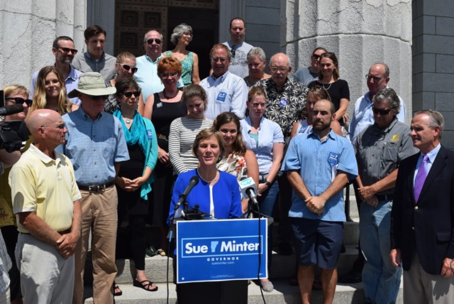 Sue Minter receives the endorsement of Vermont Conservation Voters Tuesday at the Statehouse. - FILE: TERRI HALLENBECK