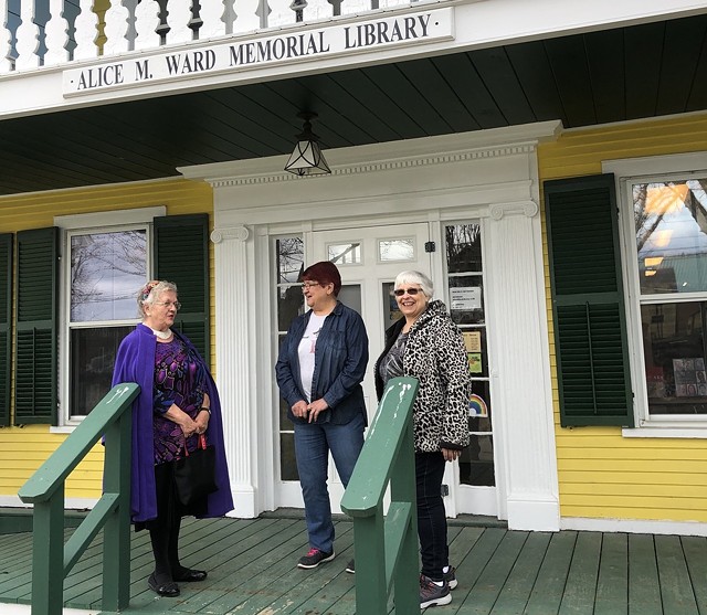 Jeannette Belanger, Carmen Gagnon, and Ginette Gagnon outside the Canaan library - COURTESY OF KIM HUBBARD
