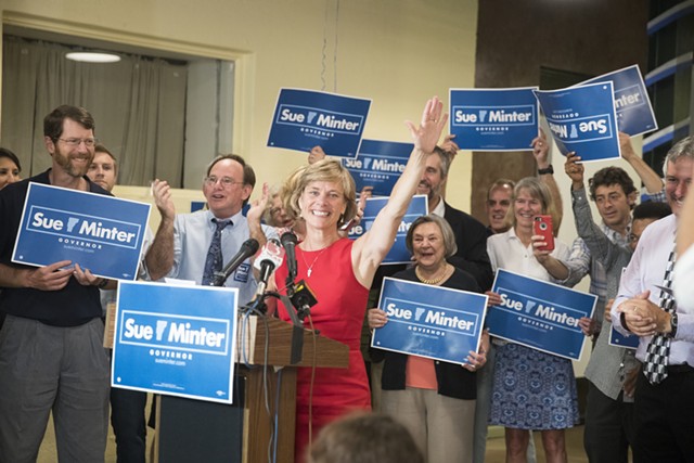 Democratic gubernatorial nominee Sue Minter celebrates Tuesday night in Burlington. - JAMES BUCK
