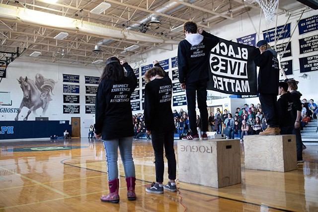 Randolph Union High School students raising the Black Lives Matter flag in 2019 - COURTESY OF WHITE RIVER VALLEY HERALD/TIM CALABRO