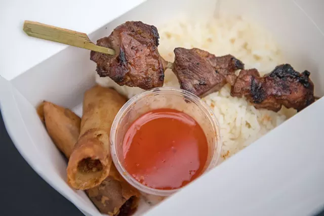 Pinoy BBQ served over rice at Maritela's Filipino Cuisine - DARIA BISHOP