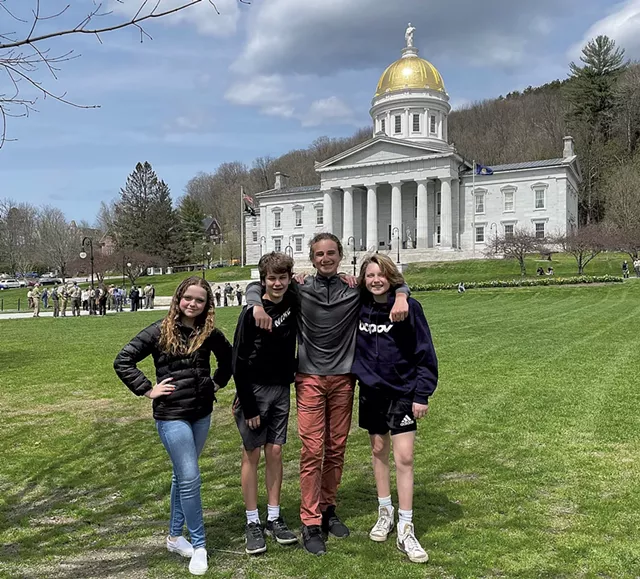Good Citizens at the Statehouse, L to R: Emma Foster, Eliot Scannell, Keller Greene, Kai Von Sita - COURTESY OF ALICE SCANNELL