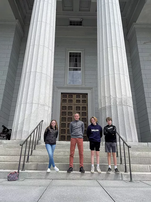 Good Citizens at the Statehouse, from left: Emma Foster, Keller Greene, Kai Von Sitas and Elliot Scannell - COURTESY OF ALICE SCANNELL