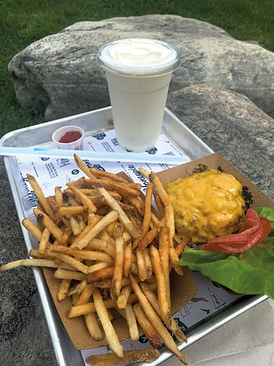 O.G. burger, fries and a vanilla shake at Honeypie - DAN BOLLES ©️ SEVEN DAYS