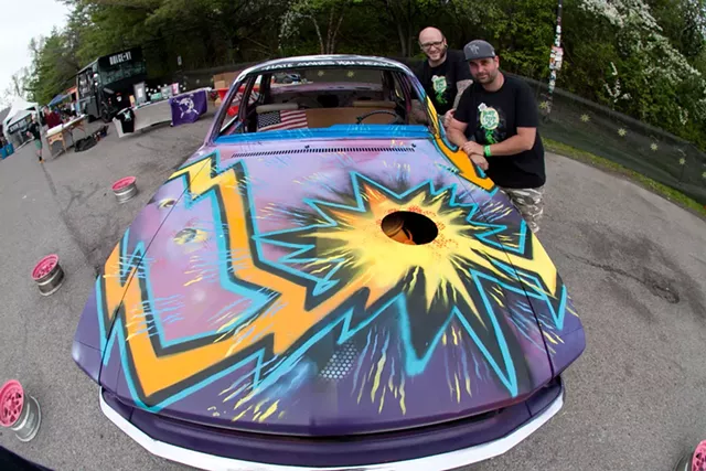 Jason "Tooth" Toothaker and Brian Clark with Big Heavy World's demolition derby car