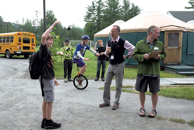Sharon Academy head of school Michael  Livingston, second from right, learns about yo-yoing from seventh grader Elliot Tonks - JAMES M. PATTERSON