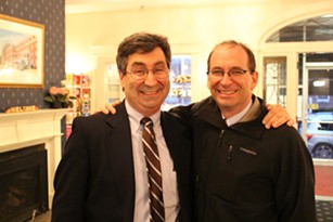 Andrew MacLean, a Montpelier-based lobbyist for Corrections Corporation of America, and former state representative Mike Fisher at a May 2014 fundraiser for House Democrats in Montpelier - FILE: PAUL HEINTZ