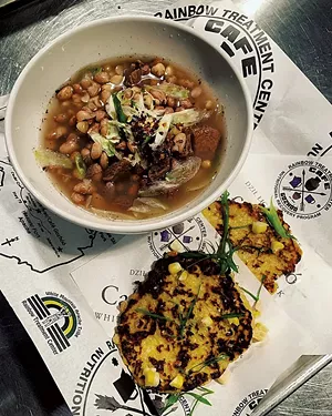 Dijizhi, a corn and bean soup with beef, with yucca blossoms and Nada'ban, Apache corn bread - COURTESY