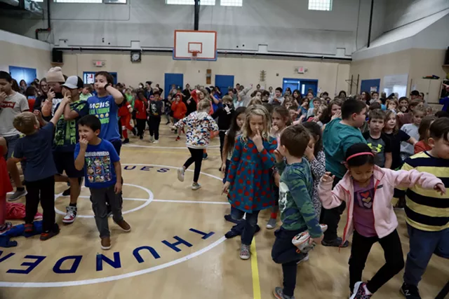 Students do a balance activity during the assembly - COURTESY OF THE AGENCY OF EDUCATION ©️ SEVEN DAYS