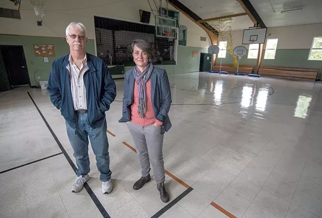 Superintendent Mark Tucker and principal Rebecca Tatistcheff in the Cabot School gymnasium - JEB WALLACE-BRODEUR