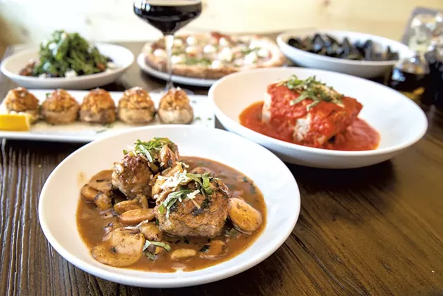 Marsala meatballs, stuffed mushrooms, arugula salad, Grandma pizza, saffron mussels and lasagna at Jr's Original - FILE: JAMES BUCK