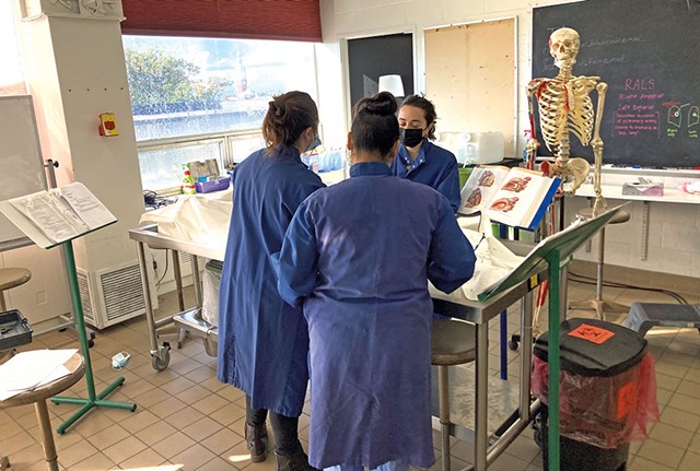 First-year medical students Molly Hurd, Aina Rattu and Anika Advant working in the UVM anatomy lab - COURTESY OF GARY MAWE
