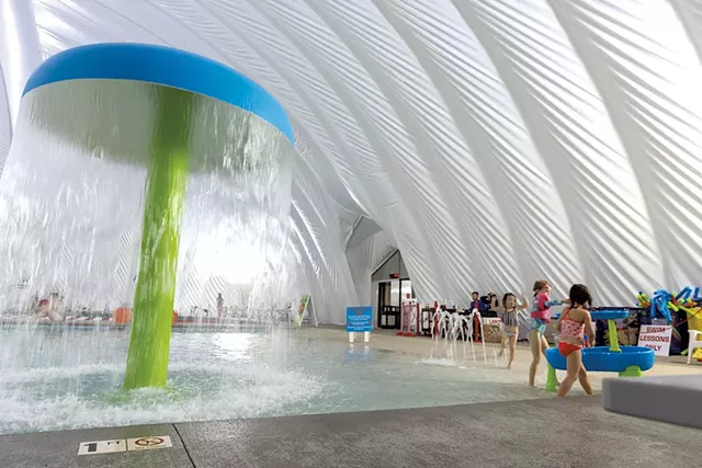 A mushroom-shaped water fountain at the Hard'ack Pool - JAMES BUCK