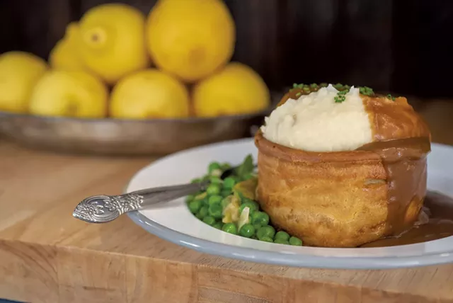 Potato, cheese and artichoke pie with peas, mash and gravy - JEB WALLACE-BRODEUR