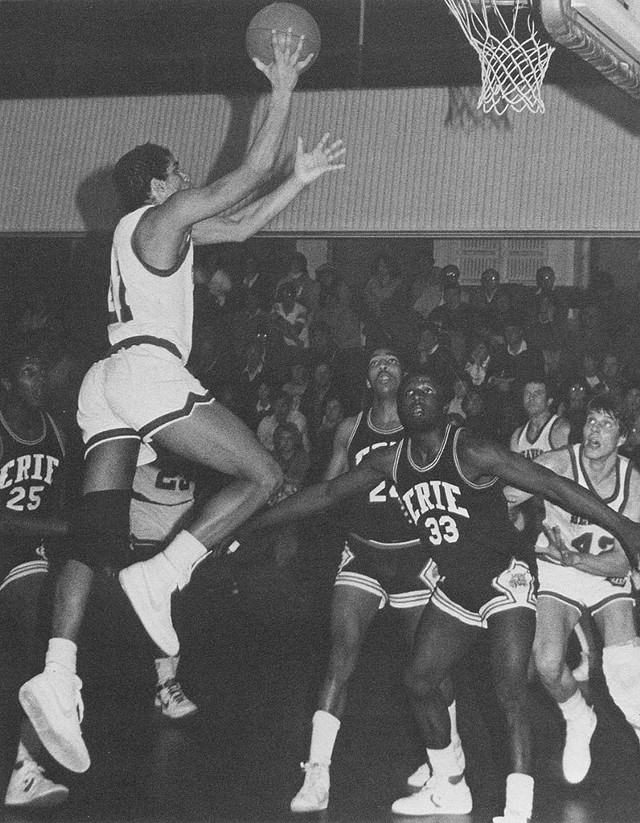 Champlain College's Shawn Reavis shooting a layup during the 1987-88 season - COURTESY OF CHAMPLAIN COLLEGE SPECIAL COLLECTIONS