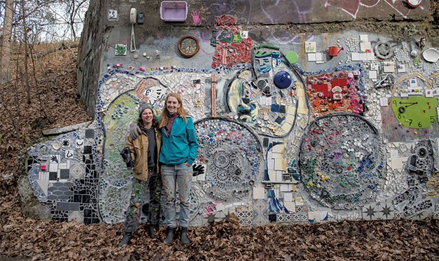 Corrine Yonce (left) and Mary Lacy at their new mosaic along the Burlington bike path - DARIA BISHOP
