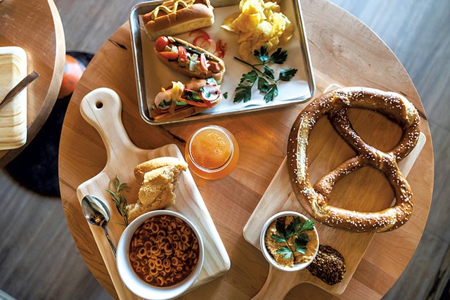 Organic SpaghettiOs, hot dogs and a Bavarian pretzel at Après Only - COURTESY OF SAVANNAH BROWN