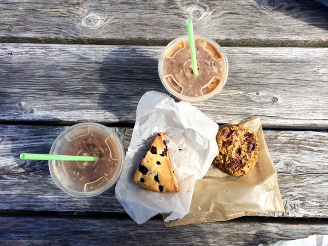 Iced maple mochas, blueberry scone and pumpkin-chocolate chip cookie at Blank Page Café - JULIA CLANCY