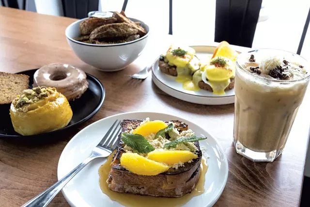 Tahini French toast, pastries, crispy potatoes, falafel eggs Benedict and spiced tahini iced coffee - JAMES BUCK