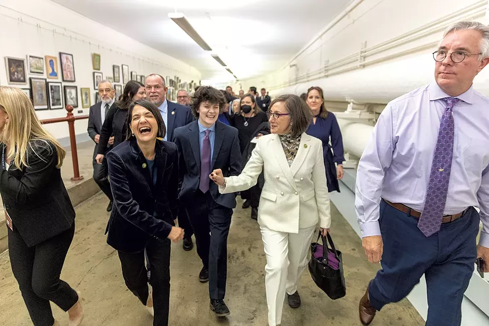 Rep. Balint greeting Rep. Andrea Salinas (in white pantsuit) - JAMES BUCK