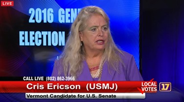 Cris Ericson at a Channel 17 debate Tuesday in Burlington - SCREENSHOT
