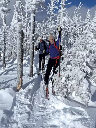 Jan Reynolds on light backcountry skis with friend Liz Soper on top of Sterling Ridge in Stowe - COURTESY OF LEWIS COTY/JAN REYNOLDS