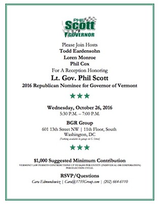 An invitation to an October 26 fundraiser for Republican gubernatorial nominee Phil Scott - COURTESY: PHIL SCOTT FOR GOVERNOR