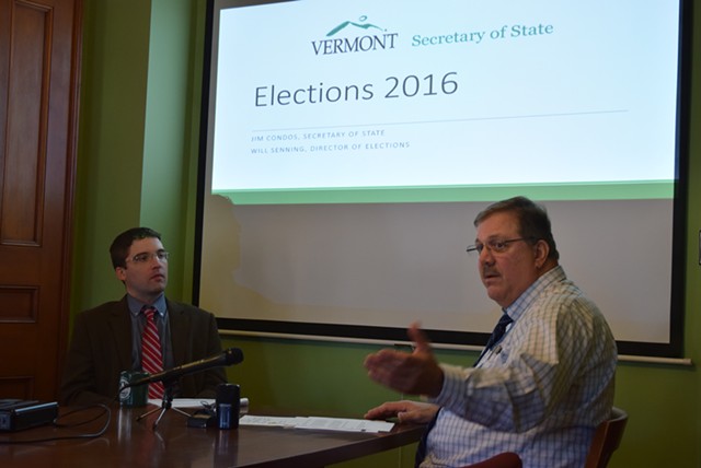 Secretary of State Jim Condos (right) and Director of Elections Will Senning talk Tuesday about next week’s elections. - TERRI HALLENBECK/SEVEN DAYS