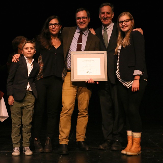 Gov. Shumlin with Excellence in the Arts award winner Eric Aho and family - RACHEL STEARNS