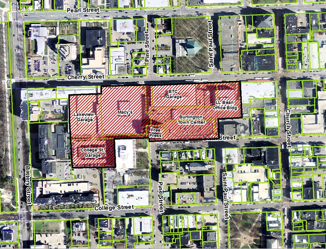 The red area depicts the downtown overlay district that would include the Burlington Town Center redevelopment. - COURTESY: CITY OF BURLINGTON