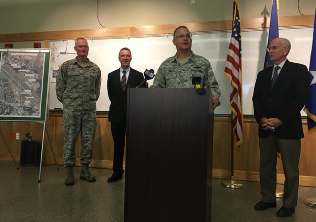 Major General Steven Cray announces a deployment to the Middle East. Behind him, from left, are Col. Patrick Guinee, governor-elect Phil Scott and U.S. Rep. Peter Welch (D-Vt.). - MARK DAVIS