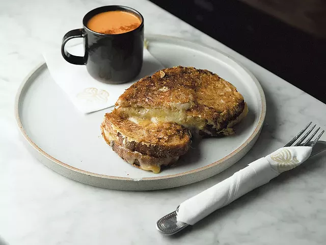 Spicy tomato soup and grilled cheese sandwich - BRENT HARREWYN