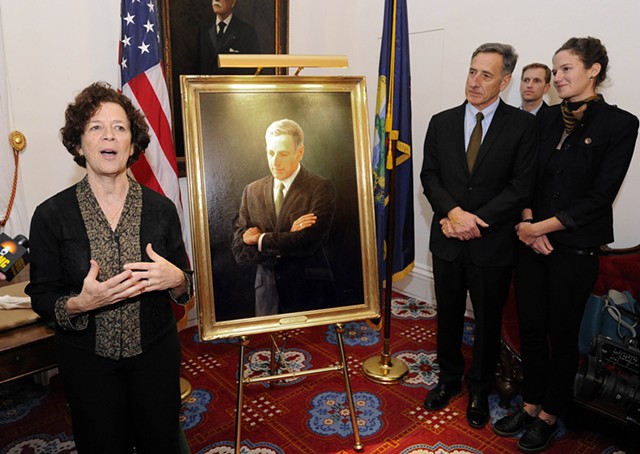 Artist August Burns speaks at the unveiling of Peter Shumlin's official portrait. - JEB WALLACE-BRODEUR