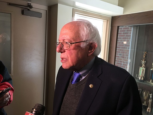 Bernie Sanders speaking to reporters in St. Johnsbury on March 16 - JOHN WALTERS