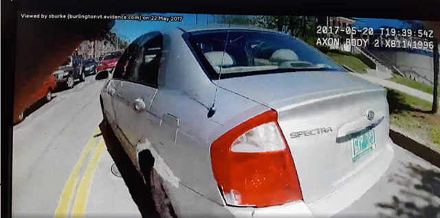 Burlington Police pursed a robbery suspect as he drove this silver car Saturday. - SCREENSHOT OF POLICE BODY CAM