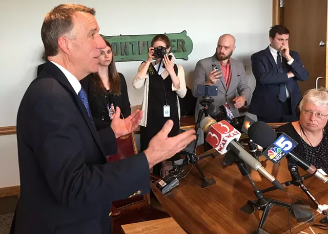 Gov. Phil Scott explains his decision to veto the marijuana legalization bill at a press conference. - JOHN WALTERS