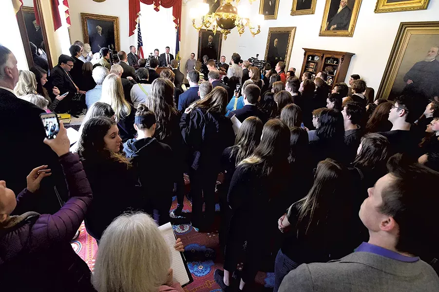 Students watching Gov. Phil Scott outline his gun proposals - JEB WALLACE-BRODEUR