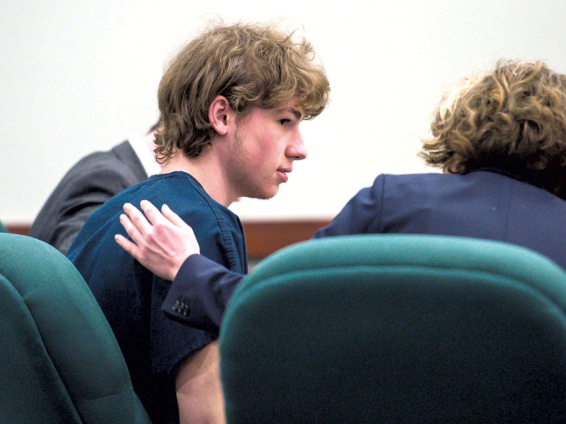 Jack Sawyer with defense attorney Kelly Green in court - POOL PHOTO: GLENN RUSSELL / THE BURLINGTON FREE PRESS