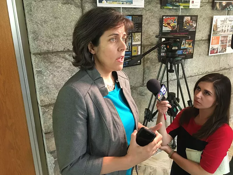 House Speaker Mitzi Johnson speaks with the press after the veto override vote - JOHN WALTERS