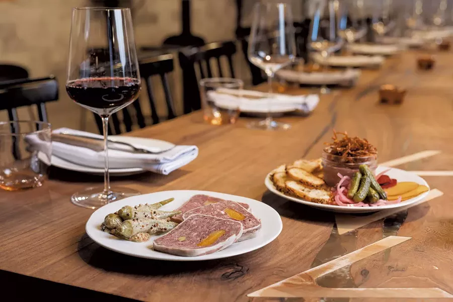 Paté en terrine and okra with mustard sauce (left) and chicken-liver mousse with crispy fried onions - OLIVER PARINI