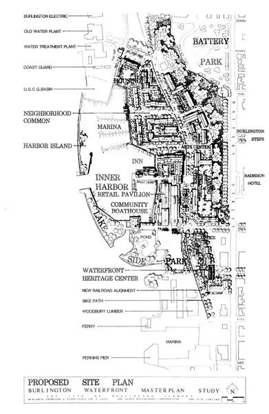 A rendering shows the 1980s waterfront development proposal known as the Alden Plan. - SOURCE: BURLINGTON DEPARTMENT OF PLANNING AND ZONING