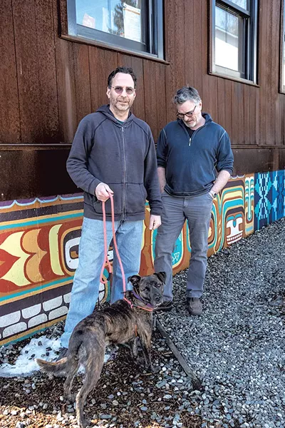 Greg Goodman, Tom Bodett and Gypsy outside HatchSpace - ZACHARY P. STEPHENS