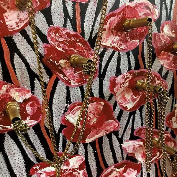 Detail of wood-panel painting in "Draft of a New Harmony in a Slip Dress Pocket" - COURTESY OF WHITNEY ALDRICH