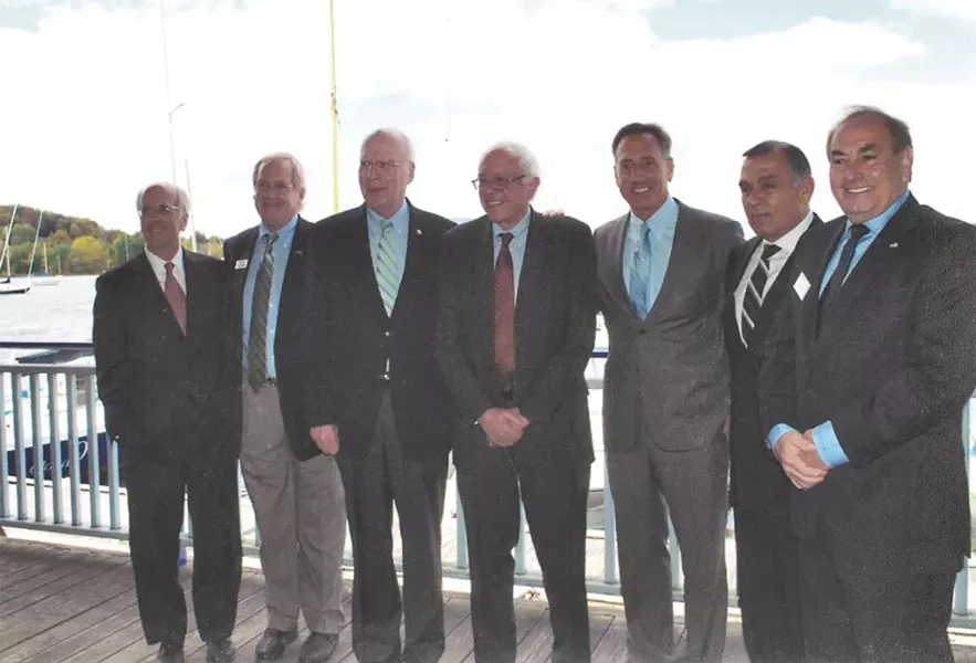 Left to right: Congressman Peter Welch, Bill Stenger, Sen. Patrick Leahy, Sen. Bernie Sanders, Gov. Peter Shumlin, Ariel Quiros, and William Kelly in Newport in 2012